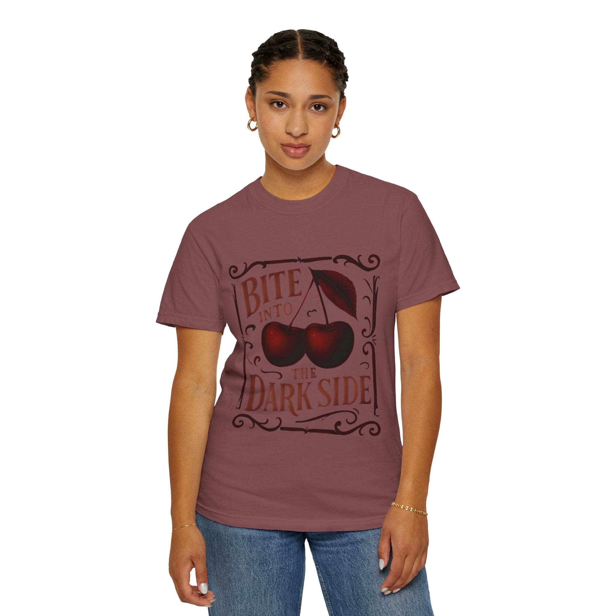 Garment-Dyed T-Shirt Bite Into the Dark Side Cherry for Gothic Style