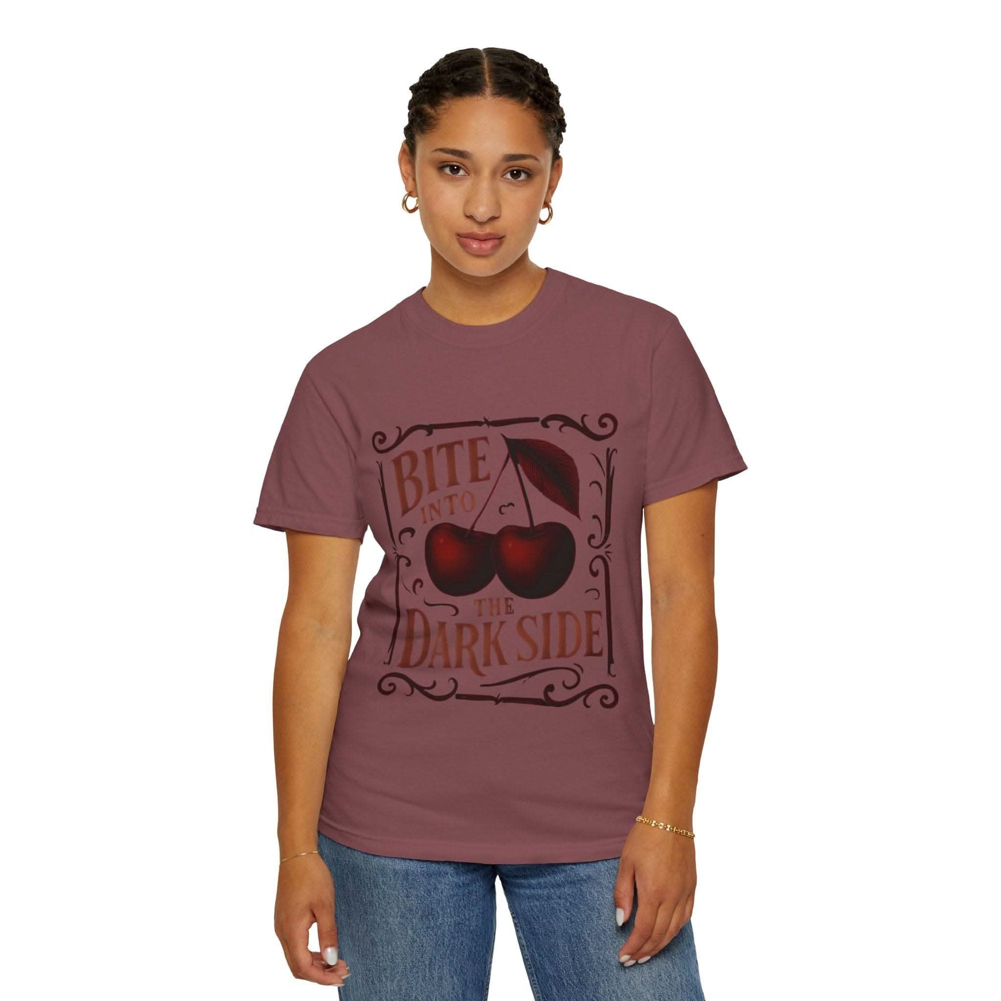 Garment-Dyed T-Shirt Bite Into the Dark Side Cherry for Gothic Style