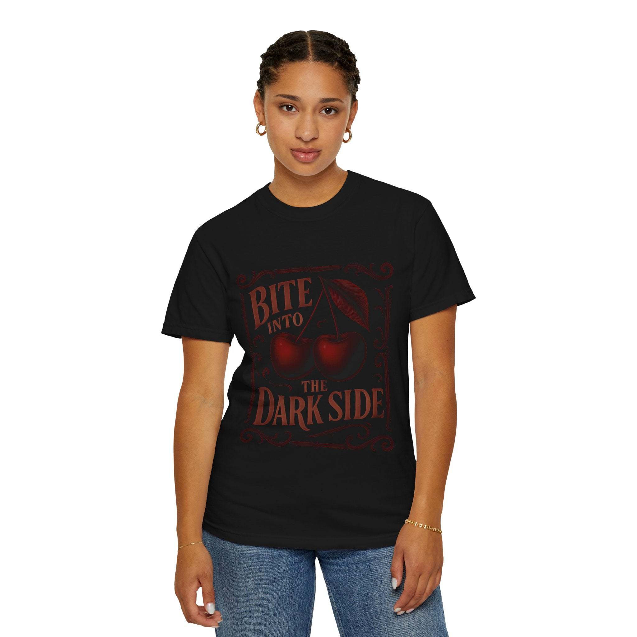 Garment-Dyed T-Shirt Bite Into the Dark Side Cherry for Gothic Style