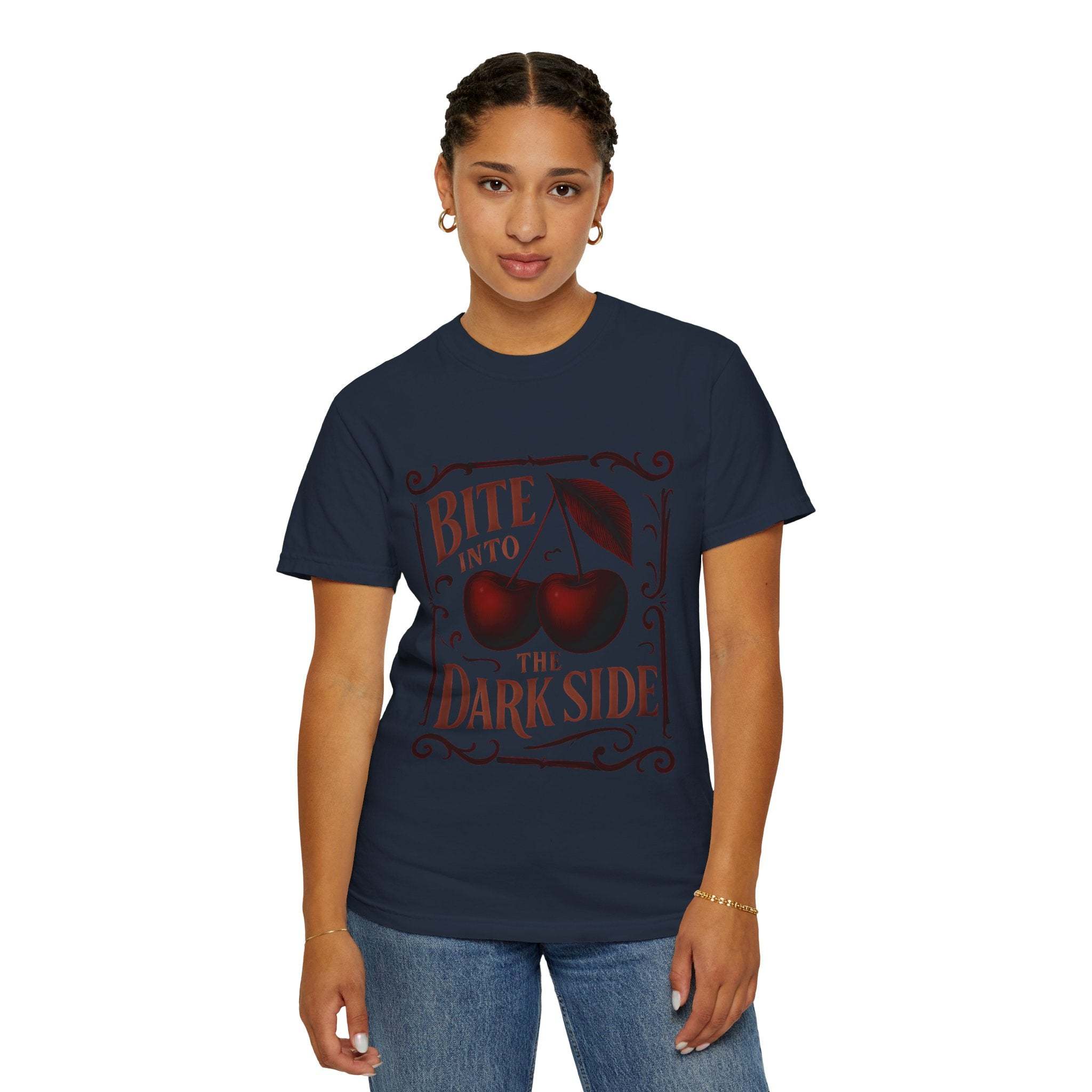 Garment-Dyed T-Shirt Bite Into the Dark Side Cherry for Gothic Style