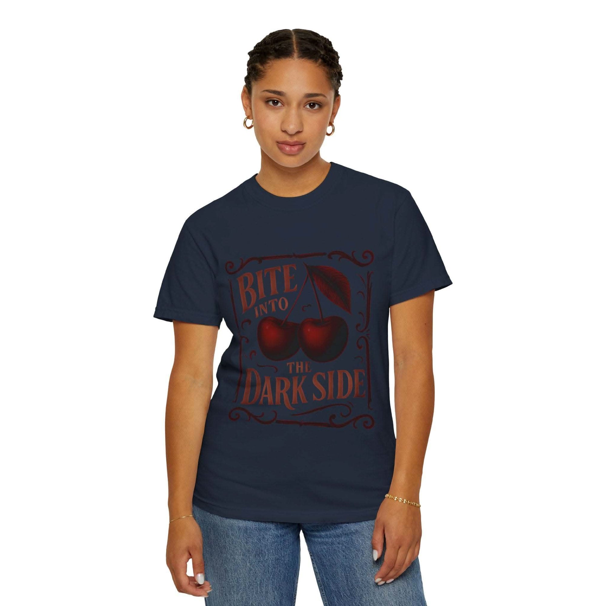 Garment-Dyed T-Shirt Bite Into the Dark Side Cherry for Gothic Style