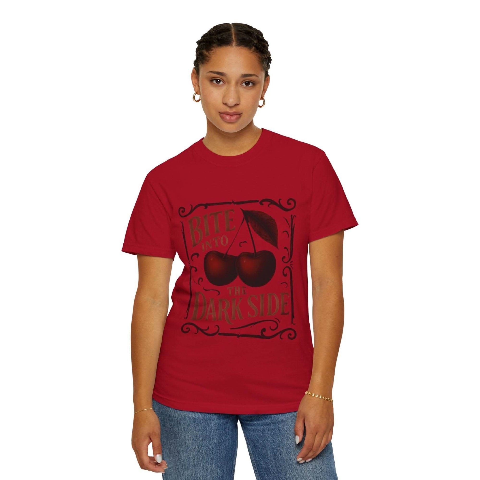 Garment-Dyed T-Shirt Bite Into the Dark Side Cherry for Gothic Style