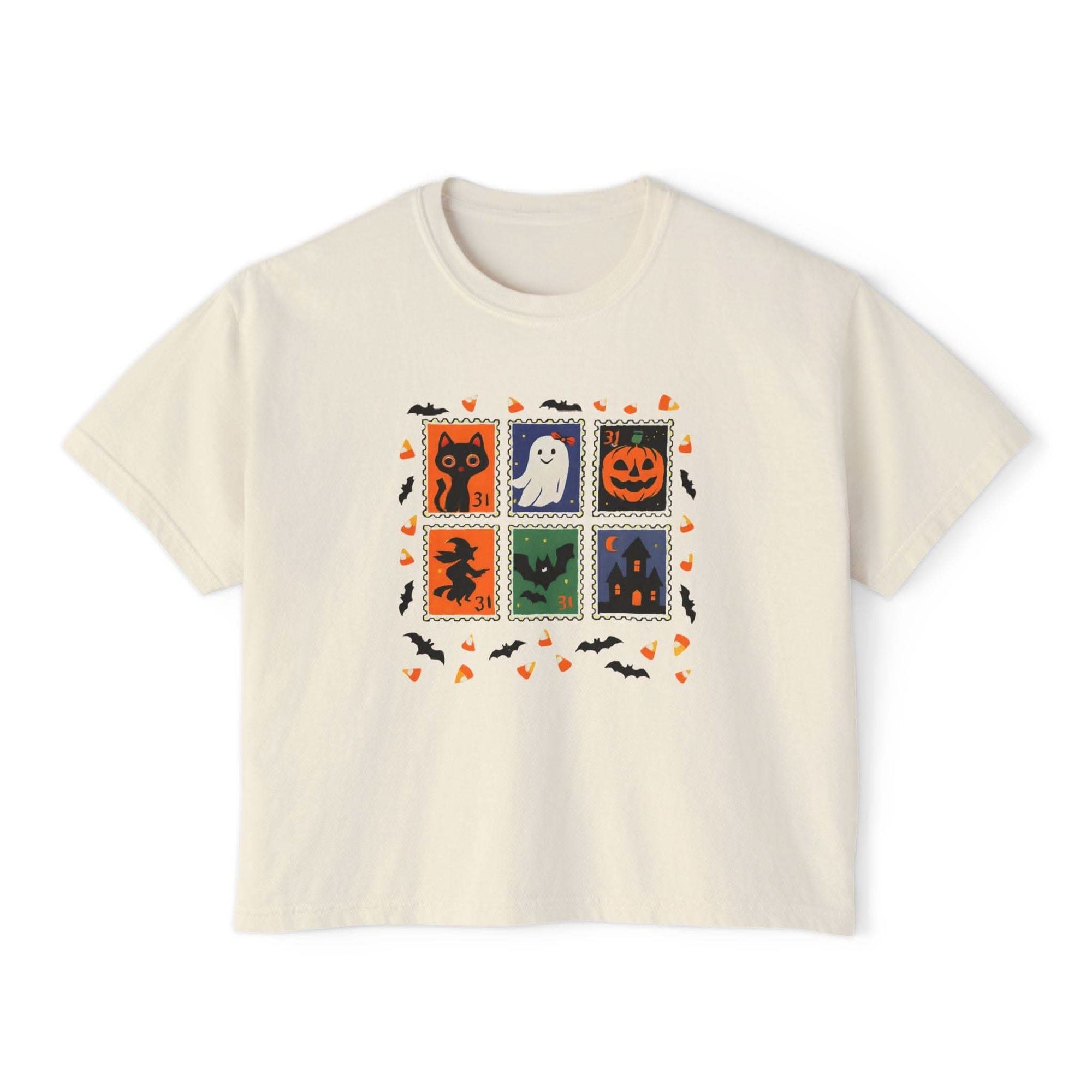 Vintage Halloween stamp boxy tee shirt with relaxed oversized fit and premium cotton fabric