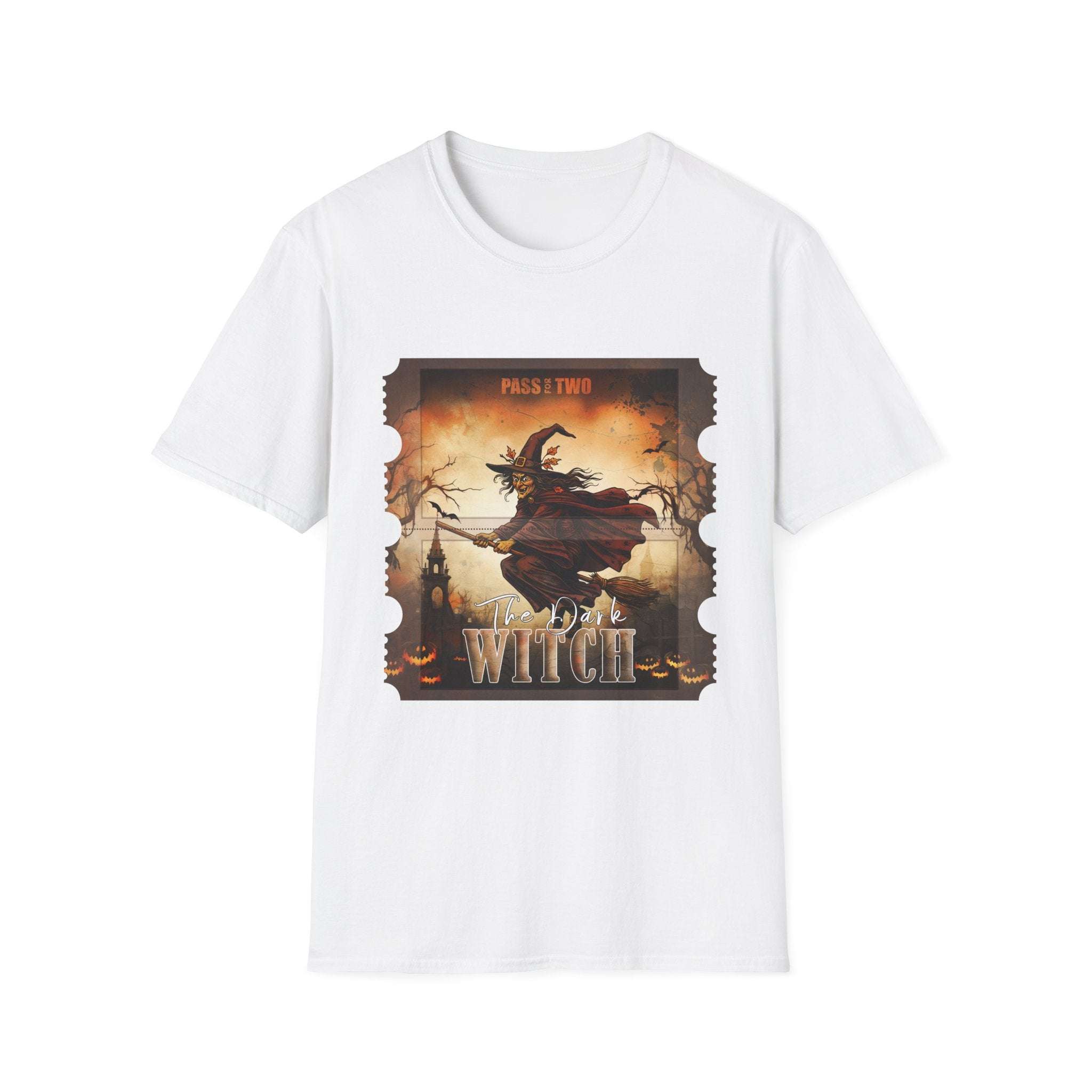White unisex t-shirt featuring a retro Dark Witch movie ticket Halloween design with a flying witch silhouette and spooky background.