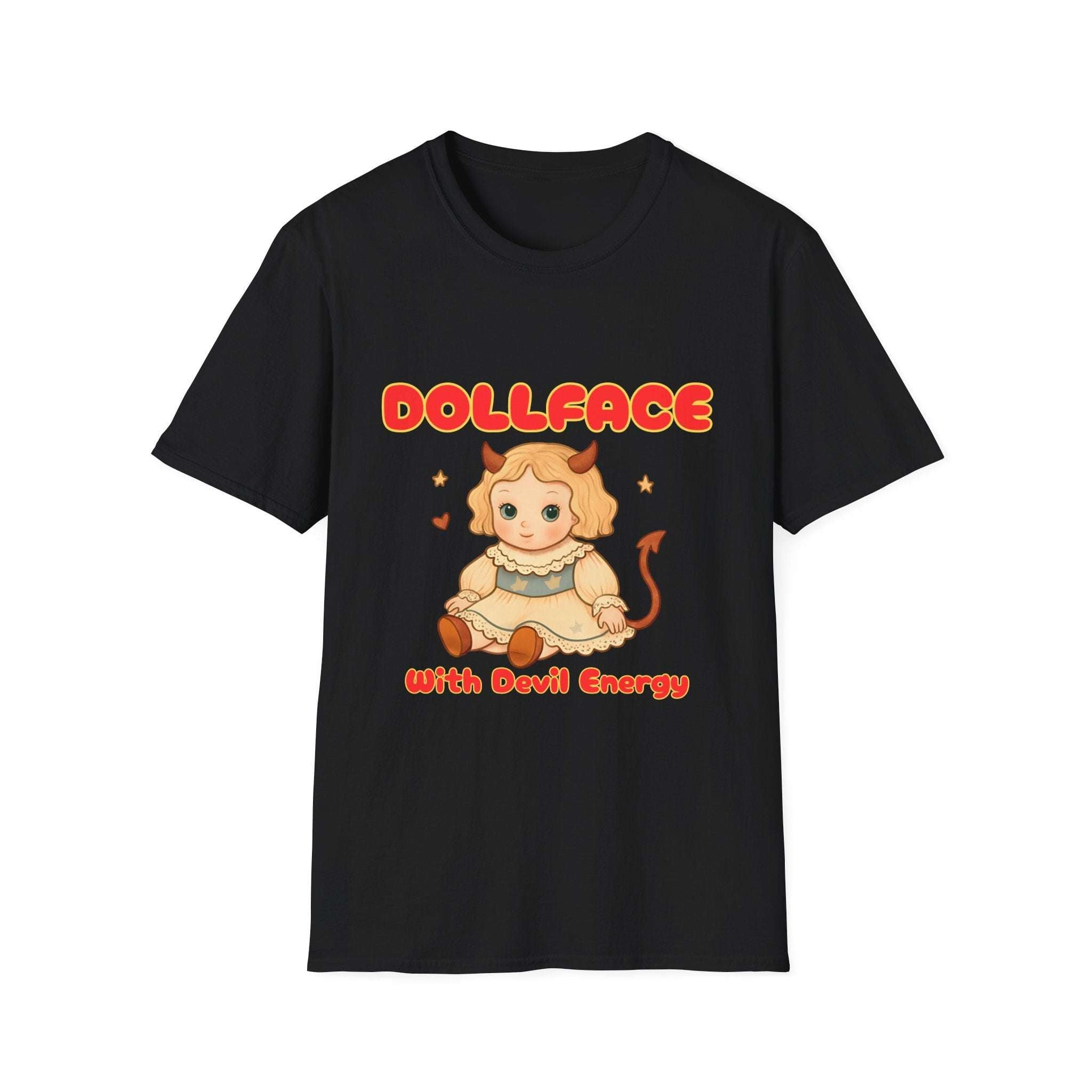 Black unisex T-shirt with Dollface Devil Energy bratcore design featuring a devil-horned doll graphic and bold text.