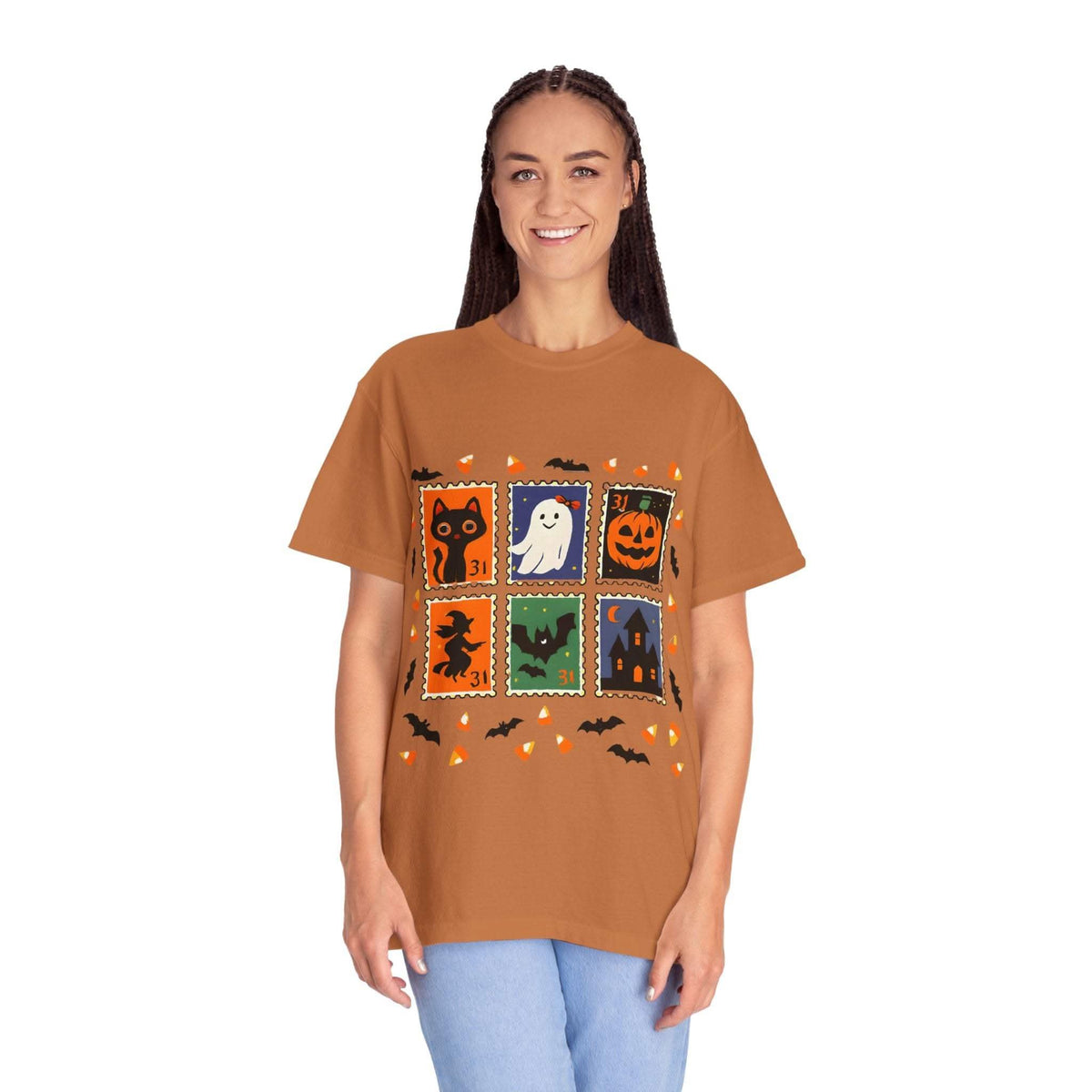 Retro Halloween Stamp T-shirt with vintage stamp-inspired Halloween graphics and nostalgic design
