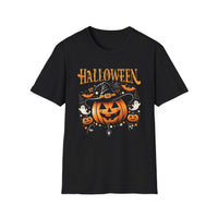 Halloween Witch Pumpkin T-Shirt with playful witch and pumpkin graphic for spooky Halloween style