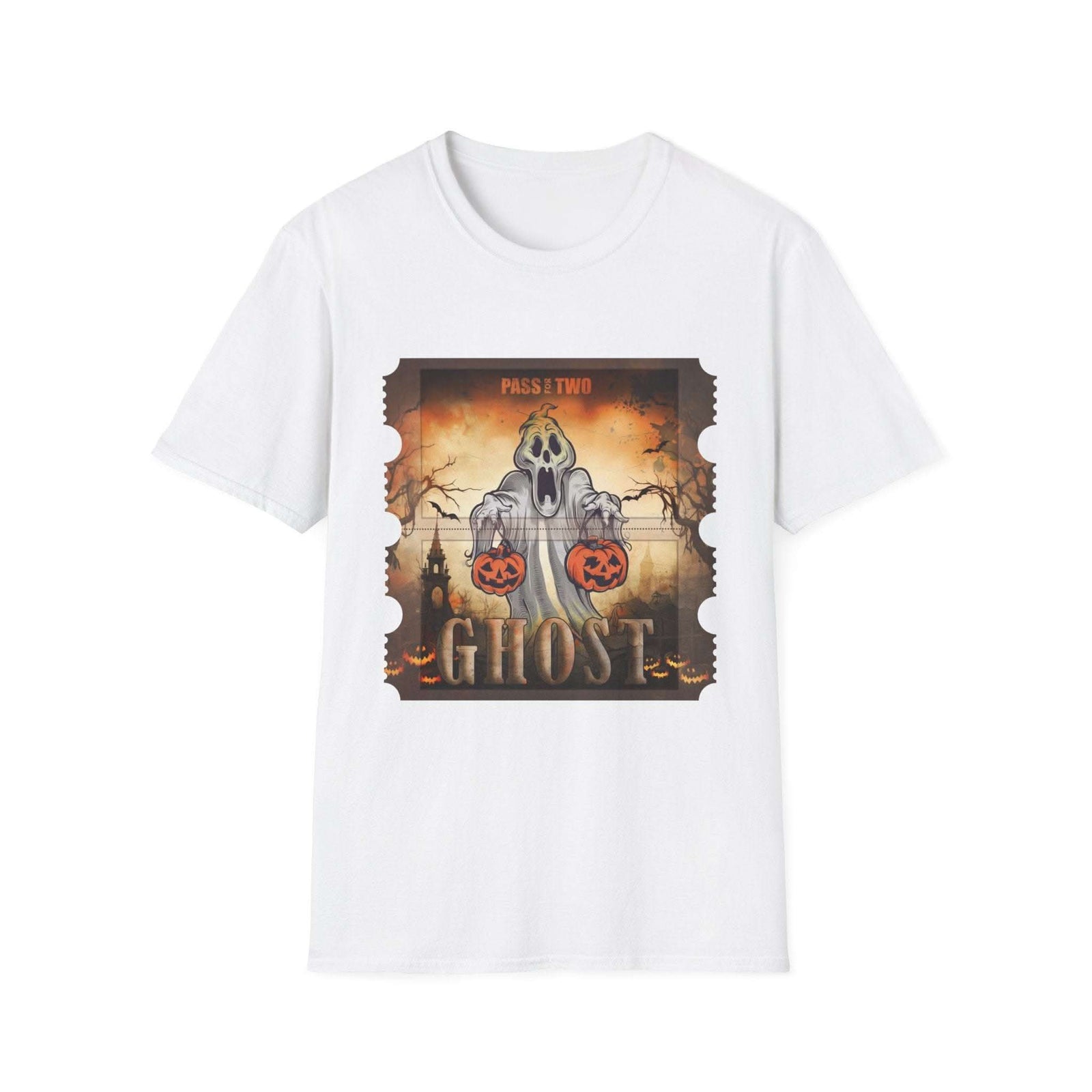 Vintage Halloween Movie T-shirt with ghost and movie ticket graphic on black cotton