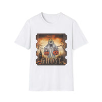 Vintage Halloween Movie T-shirt with ghost and movie ticket graphic on black cotton