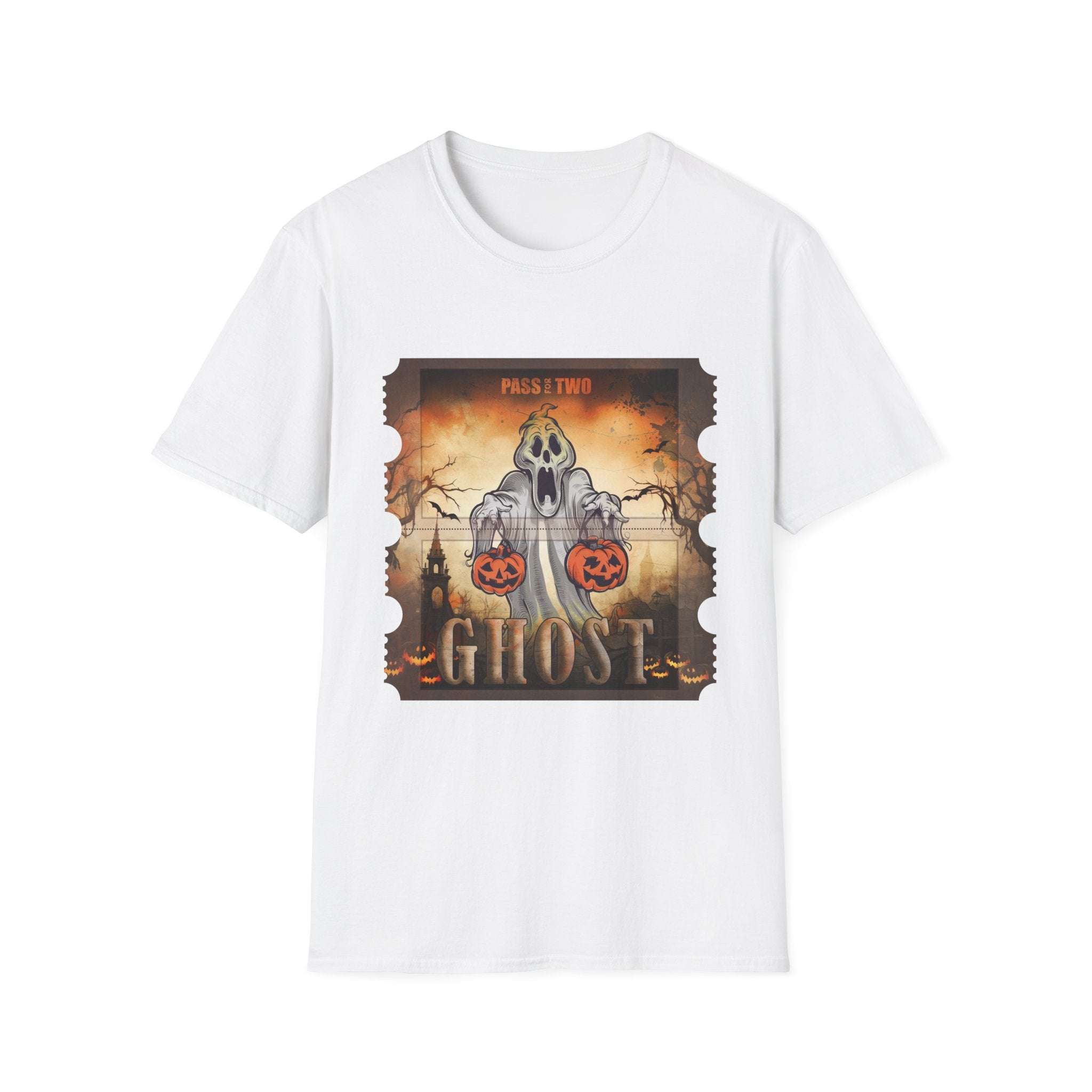 White T-shirt with vintage ghost Halloween movie ticket design featuring a spooky ghost holding pumpkin buckets.