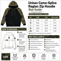 A size guide and fit chart for a Unisex Camo-Splice Raglan Zip Hoodie, showing a large hooded sweatshirt illustration, a measurement table for S through 2XL, and care instructions on a white background.