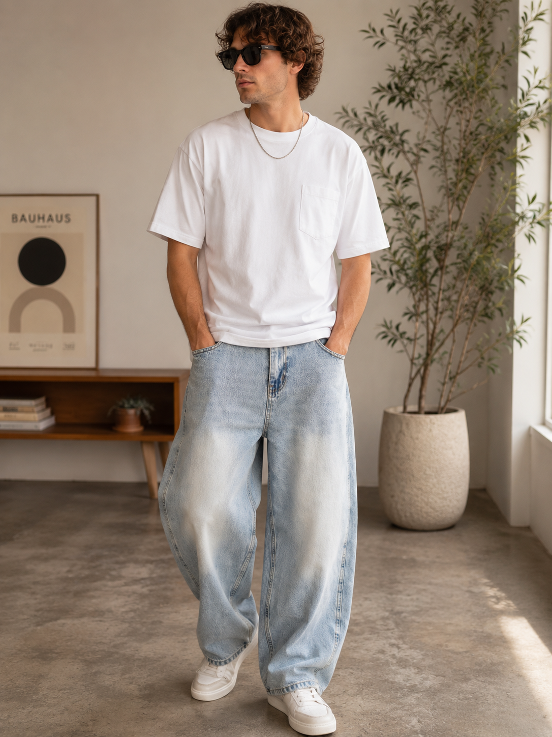 Men's vintage wash Sunfade barrel leg jeans with relaxed fit and frayed details