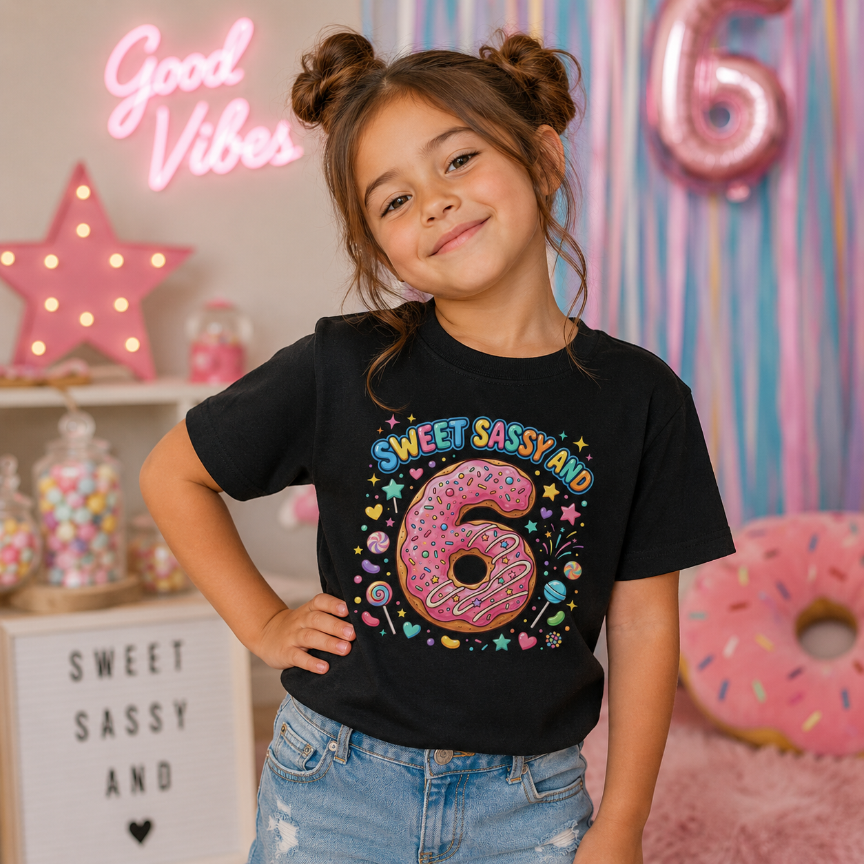 Sweet Sassy and 6 birthday tee with pink donut number six and colorful candy design on soft cotton shirt