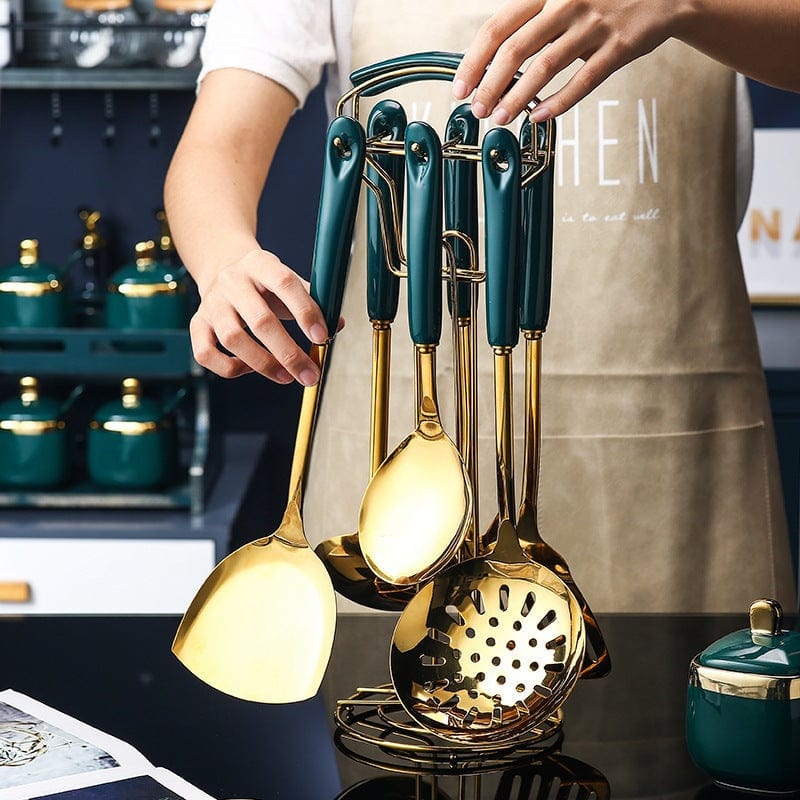 7 PCS Stainless Steel Silicone Kitchen Utensil Slotted Spatula Turner Ladle Serving Spoon Pasta Server Cooking Set - TeninoVentures