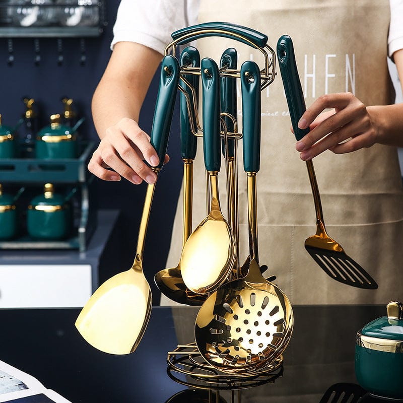 7 PCS Stainless Steel Silicone Kitchen Utensil Slotted Spatula Turner Ladle Serving Spoon Pasta Server Cooking Set - TeninoVentures