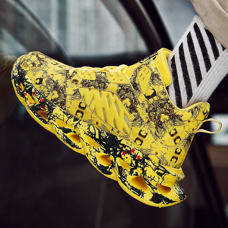 Trendy camouflage yellow sports shoe with round toe and rubber sole for men