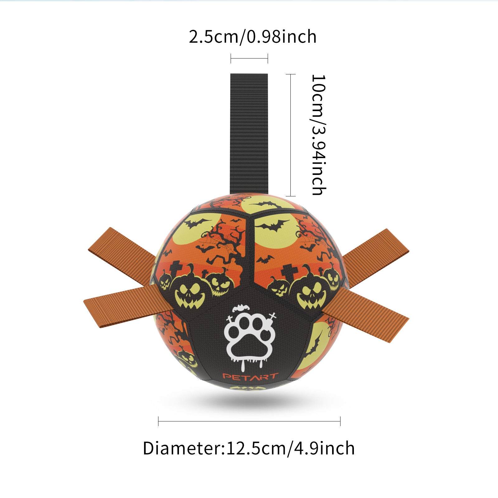Interactive dog football toy with Halloween design, nylon tabs, and durable PU material for outdoor play and training.