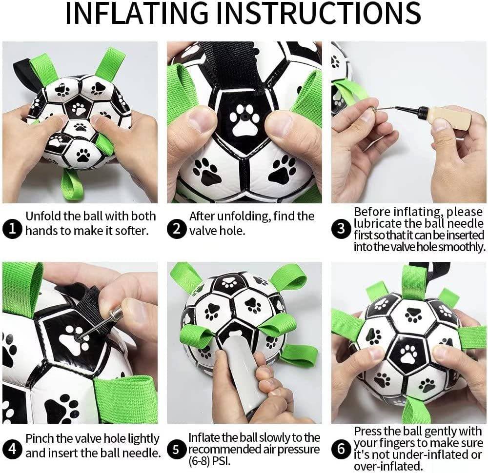 Interactive dog football toy with paw print design and green nylon tabs, shown with step-by-step inflation instructions using a needle and pump