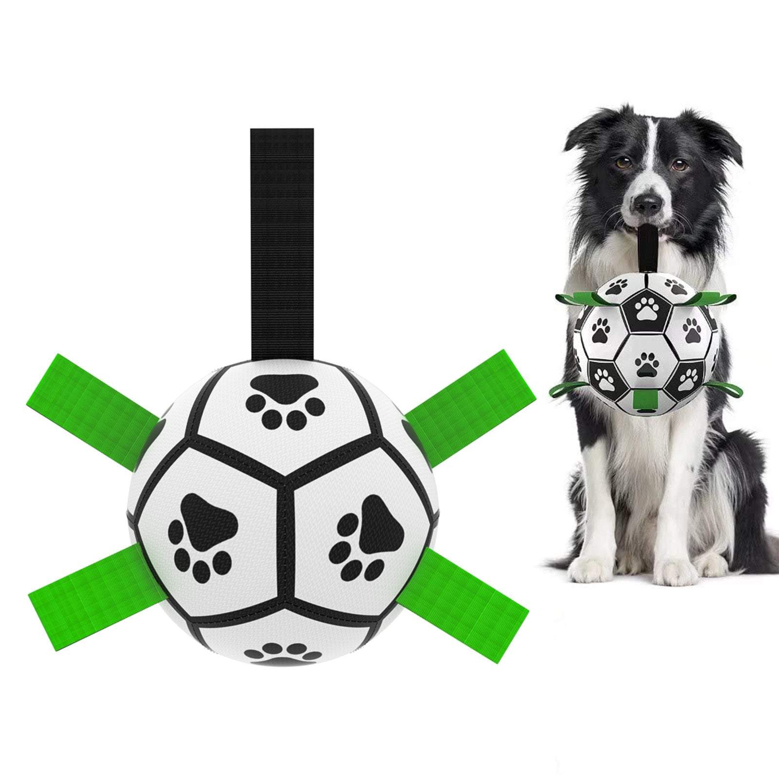 Interactive dog football toy with paw prints, nylon tabs, and pump, perfect for outdoor play with large dogs like Border Collies.