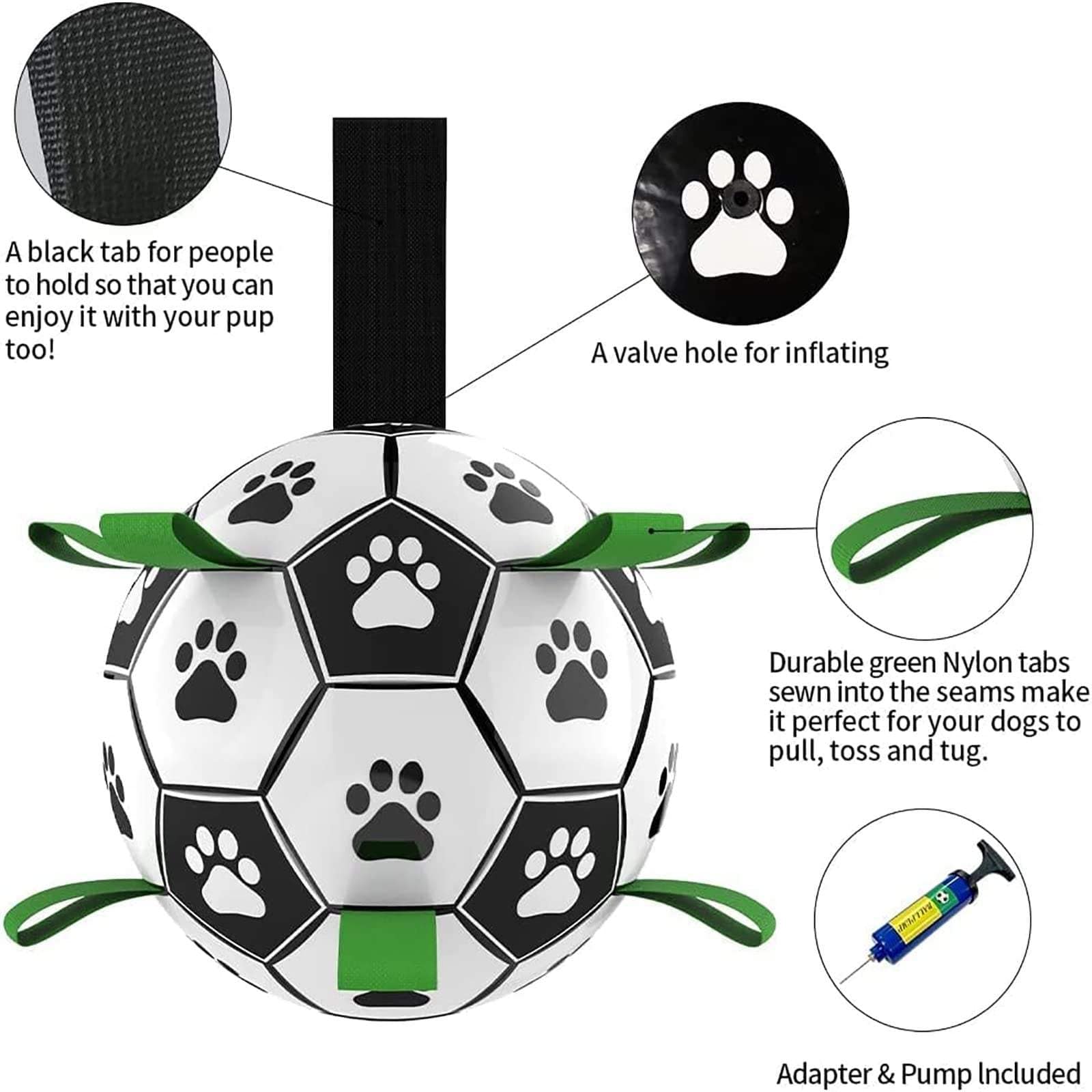 Interactive dog football toy with durable nylon tabs, paw print design, inflation valve, and pump included for outdoor play.