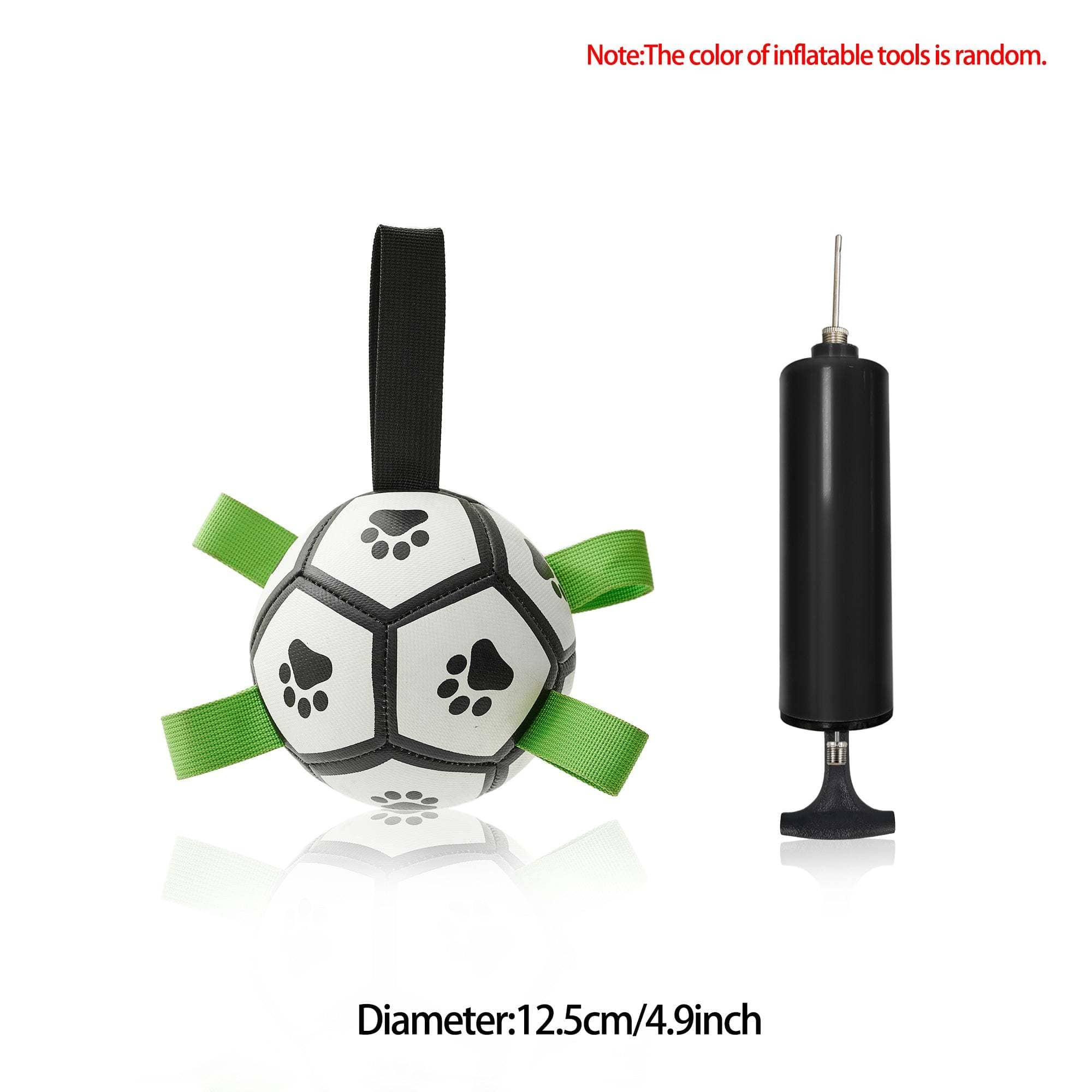 Interactive dog football toy with nylon tabs and paw print design, includes pump for inflation, suitable for large dogs outdoor play.