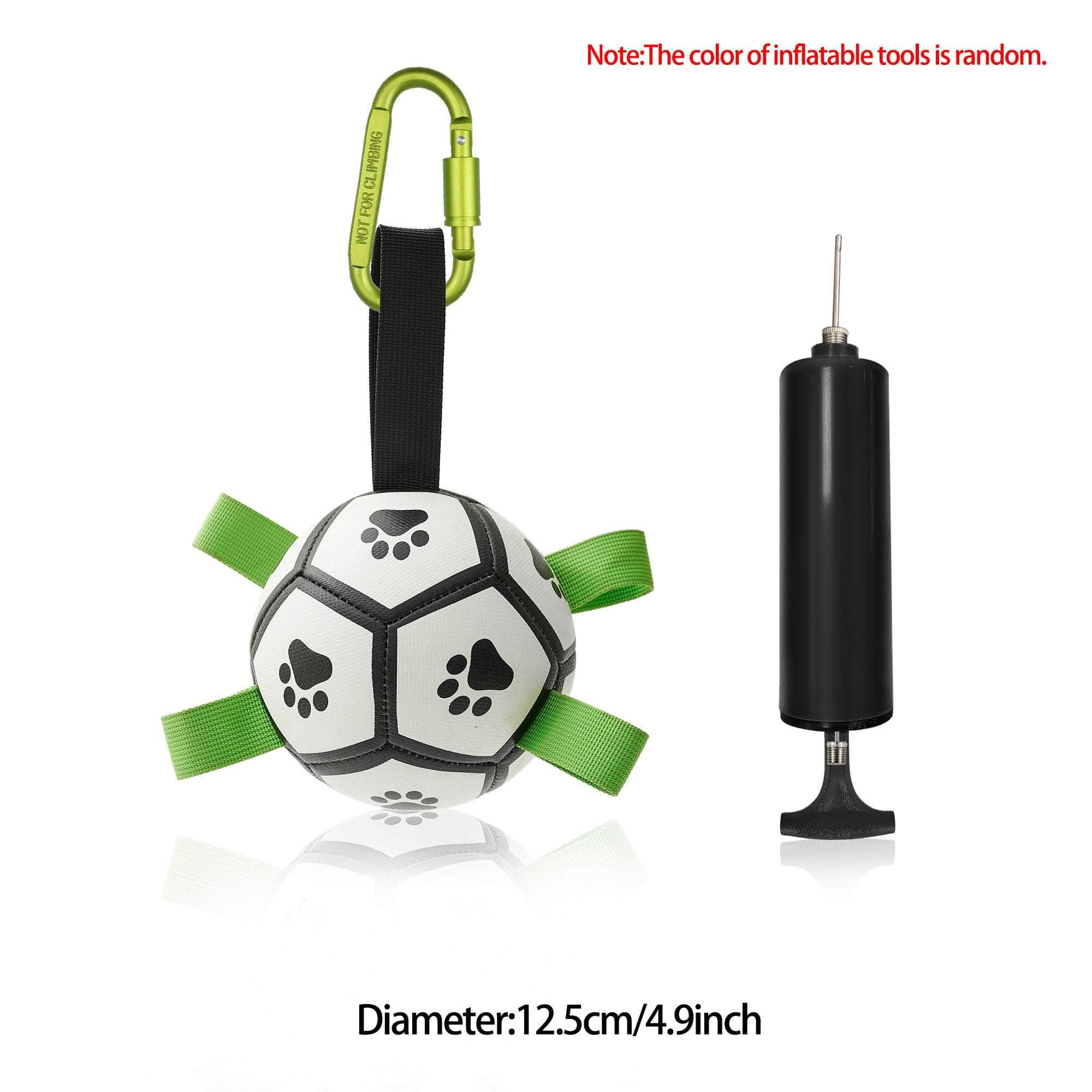 Interactive dog football toy with paw print design, nylon tabs, and included pump for outdoor training and play