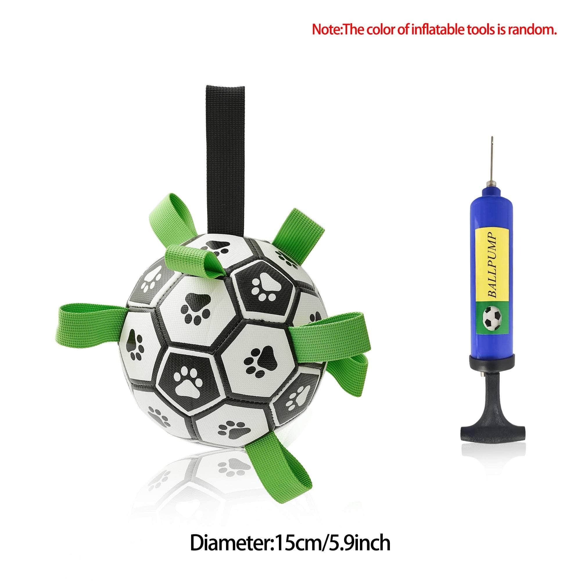 Interactive dog football toy with green nylon tabs and paw print design, includes a pump for inflation, diameter 15cm.