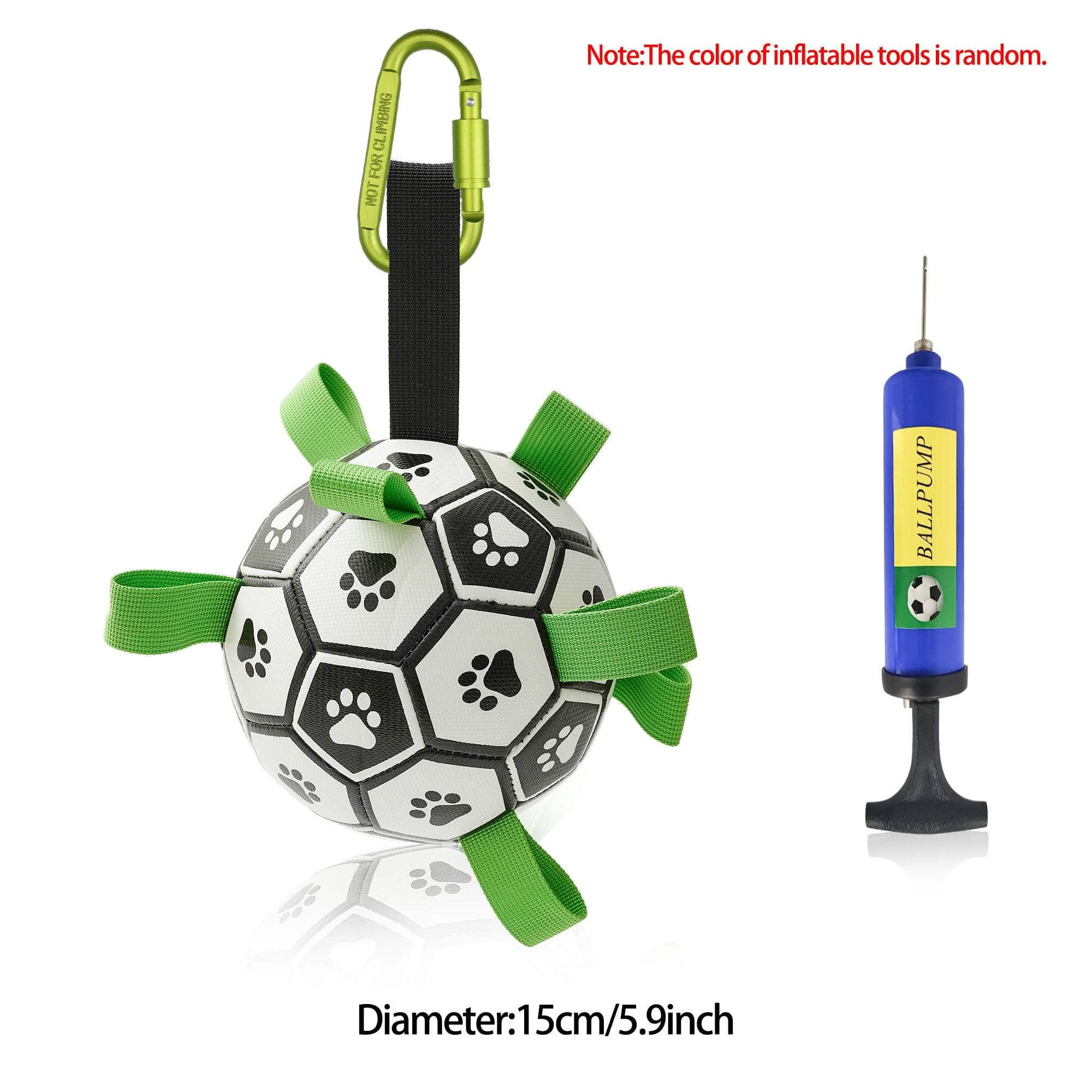 Interactive dog football toy with paw print design, green nylon tabs, and included ball pump for outdoor play