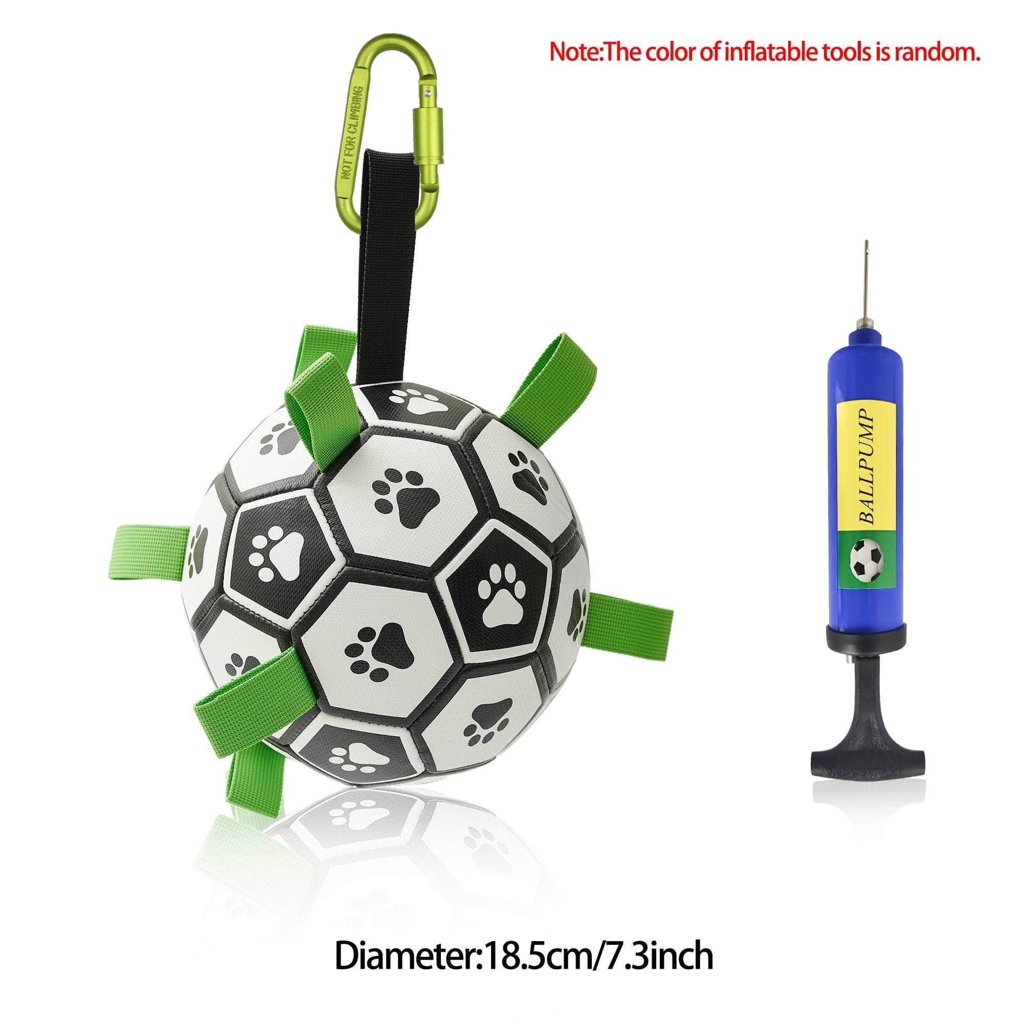 Interactive dog football toy with paw print design, nylon tabs, and included pump for outdoor play.