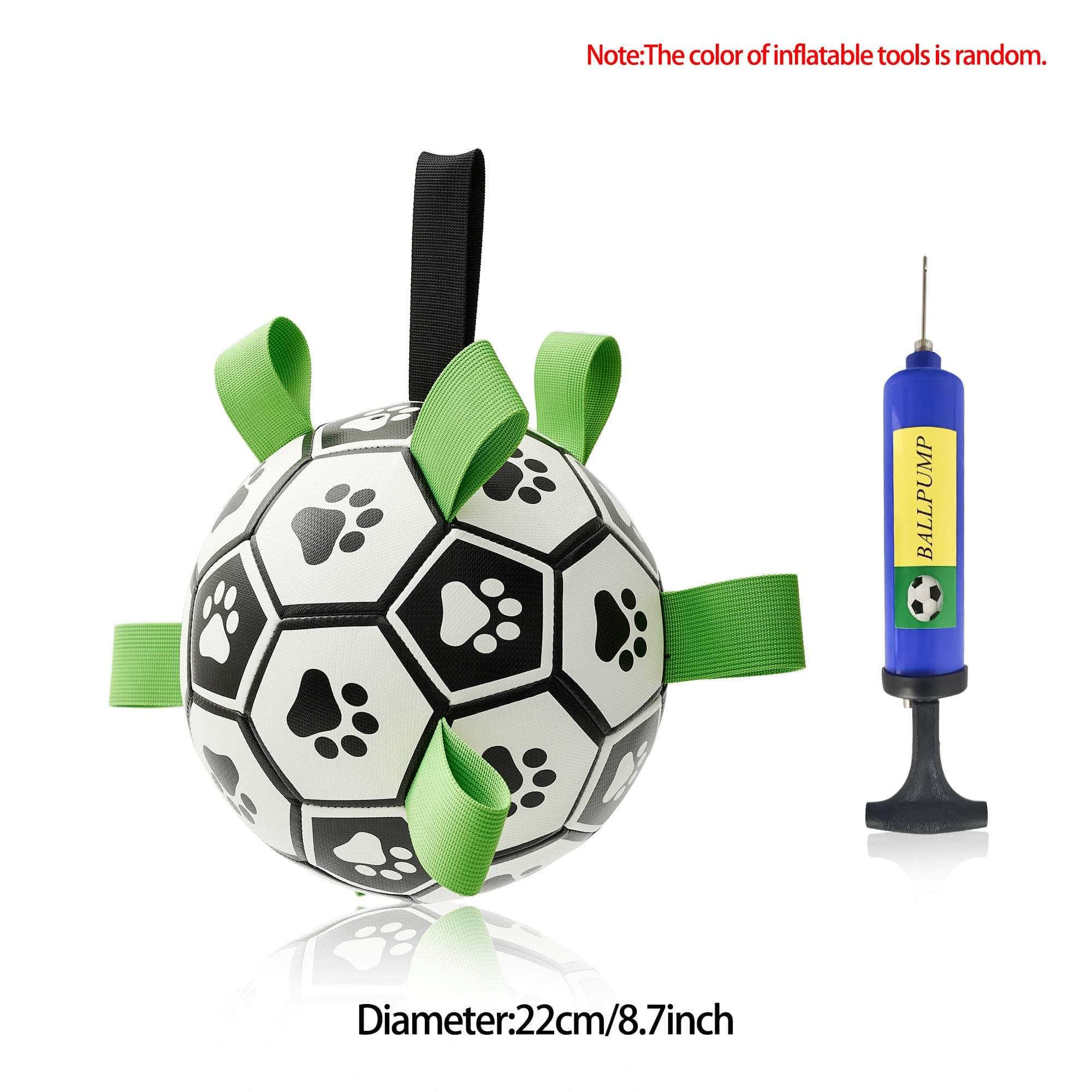 Interactive dog football toy with nylon tabs and paw print design, inflatables included with pump for outdoor play