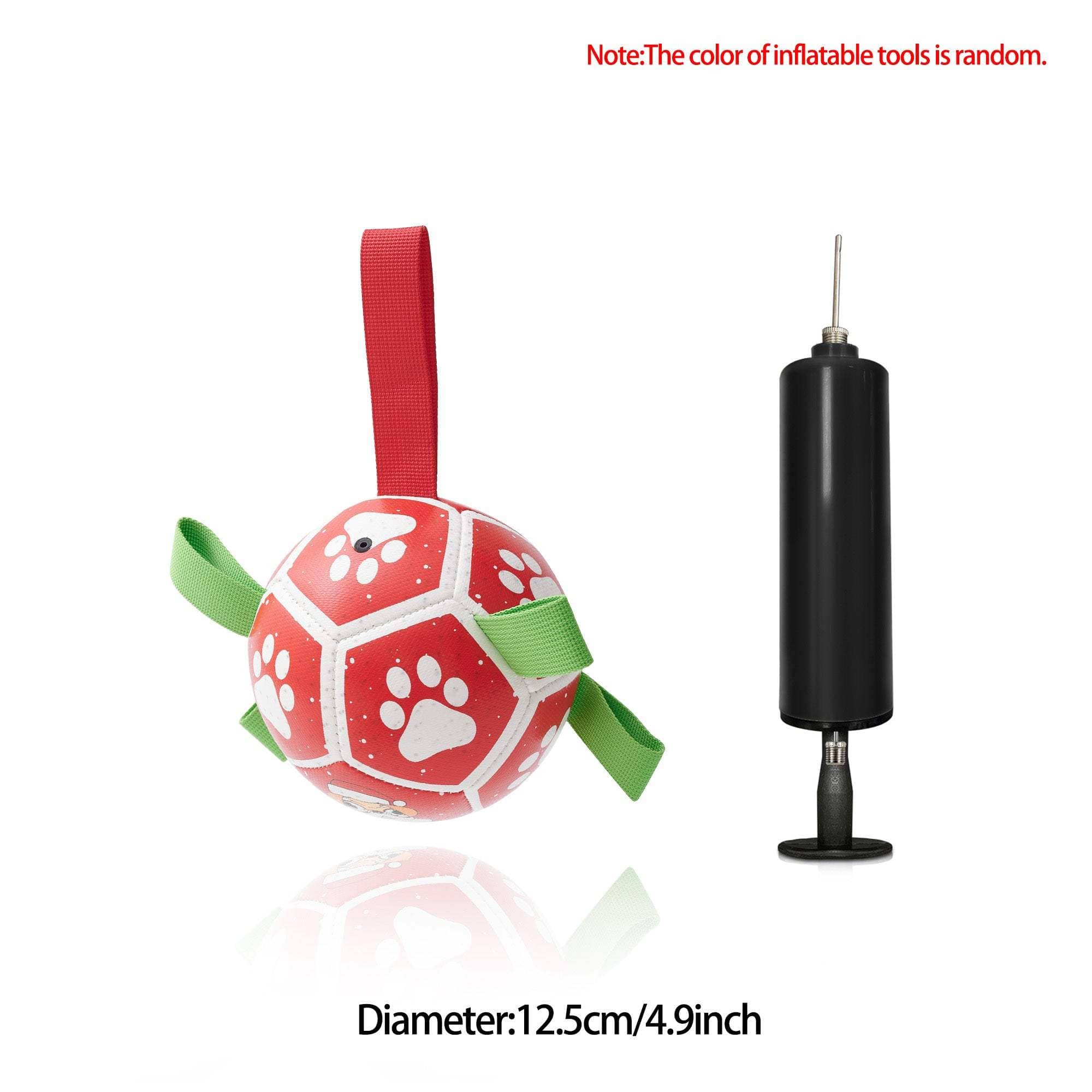 Interactive dog football toy with nylon tabs and paw print design, includes hand pump for inflation, 12.5cm diameter ball for outdoor play and training