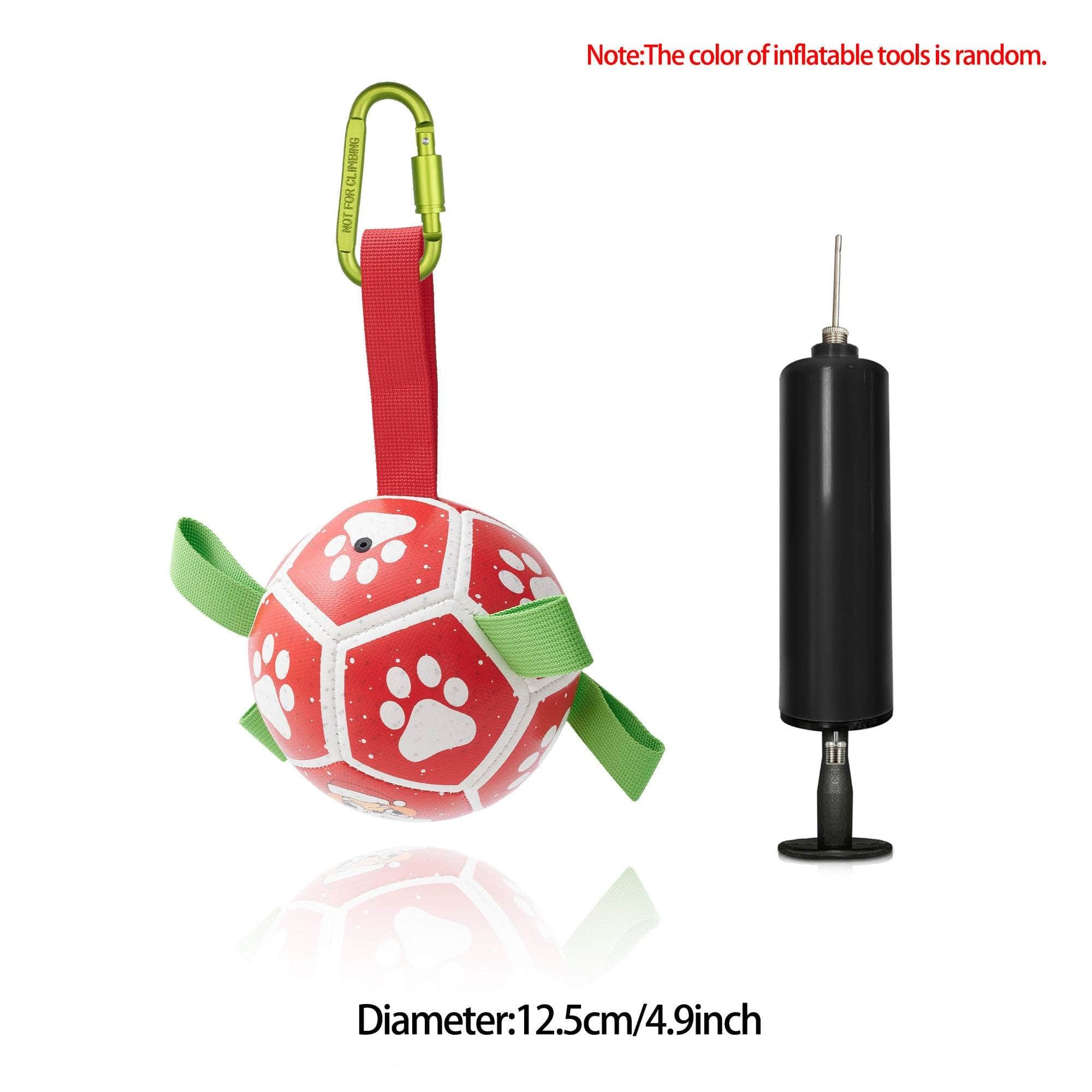 Interactive dog football toy with paw print design and nylon tabs, includes pump for inflation, durable and safe for outdoor play.