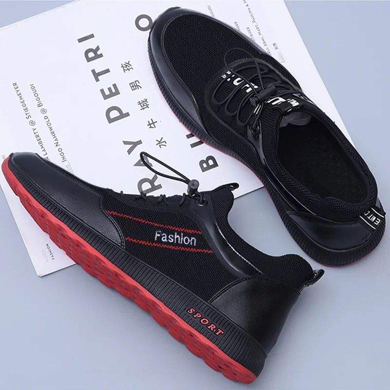 Black and red casual street men's shoes with microfiber upper and rubber sole
