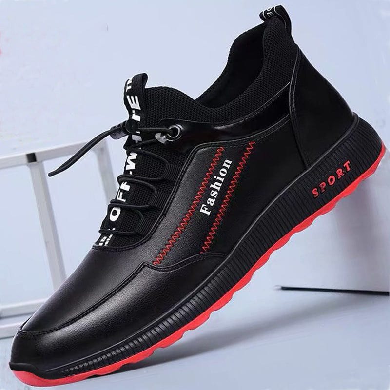 Black street men's shoe with red sole, microfiber upper and casual sneaker design