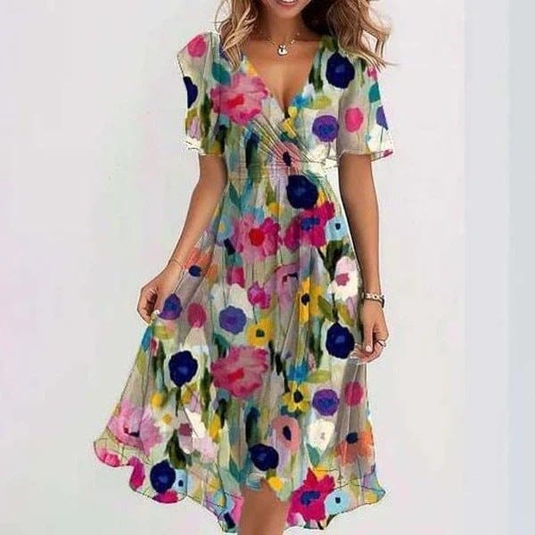 Elegant chiffon printed short sleeve V-neck summer dress for women with colorful floral design and mid-length skirt