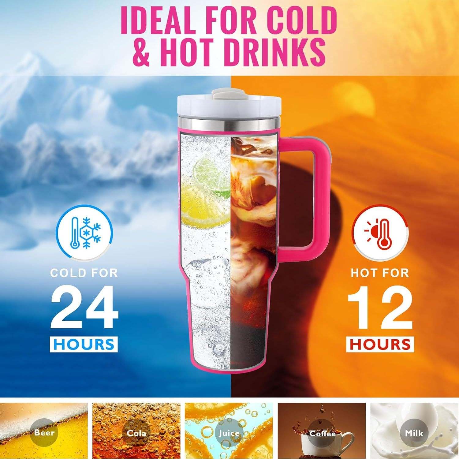 40oz insulated stainless steel tumbler with handle and lid, keeps drinks cold for 24 hours and hot for 12 hours, spill-proof vacuum coffee cup for travel, gym, office, and car use