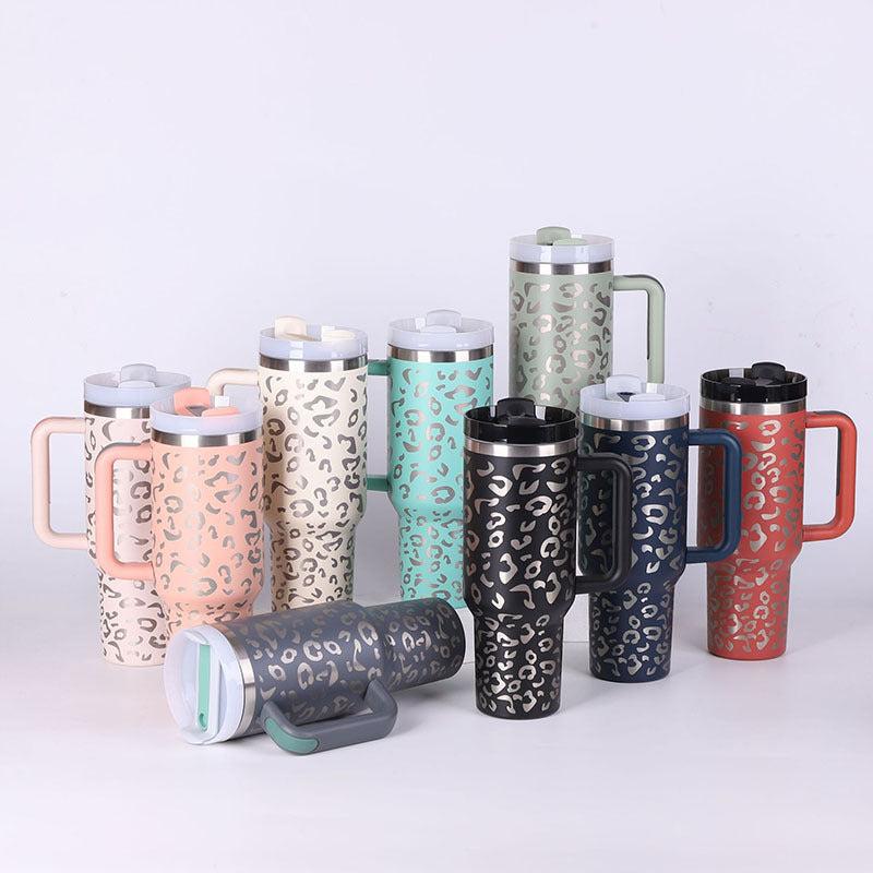 40oz insulated stainless steel tumblers with handle and straw in assorted colors and leopard print, spill-proof vacuum coffee cups with lids for travel and daily use