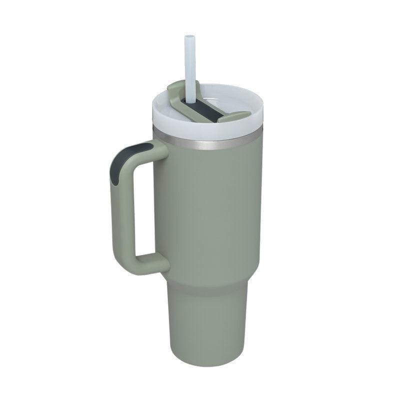 40oz insulated stainless steel tumbler with handle, spill-proof lid, and straw in green, ideal for car, gym, office, and travel use
