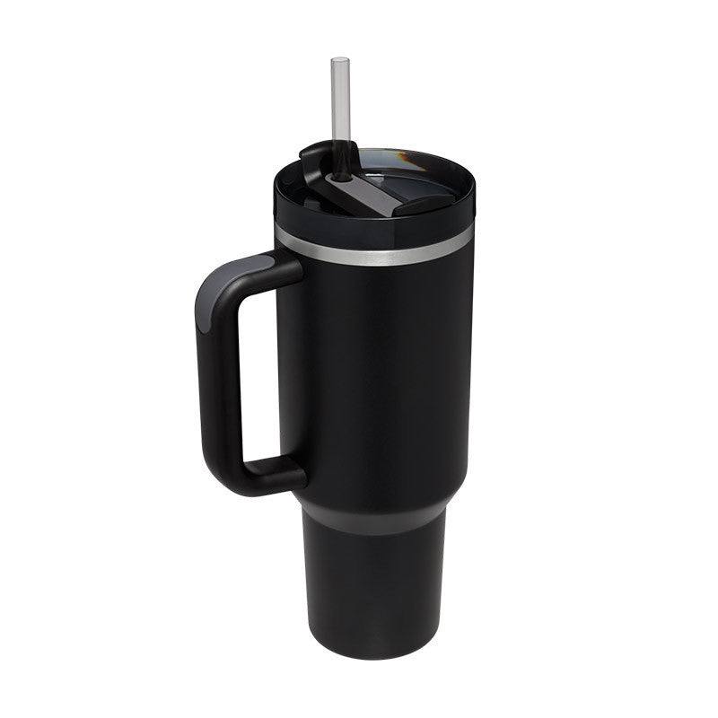 40oz black insulated stainless steel tumbler with handle, spill-proof lid, and straw for hot and cold drinks.