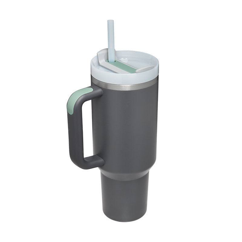 40oz insulated stainless steel tumbler with handle and straw, spill-proof vacuum coffee cup with lid in gray and mint colors