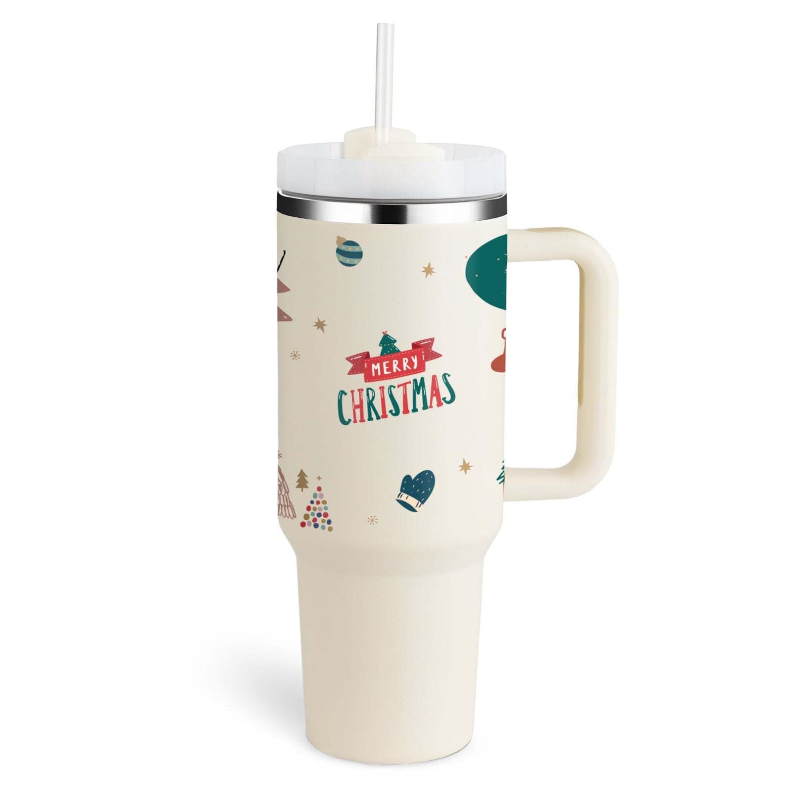 40oz insulated stainless steel tumbler with handle and straw featuring a festive Merry Christmas design, spill-proof lid, suitable for car, gym, office, and travel.