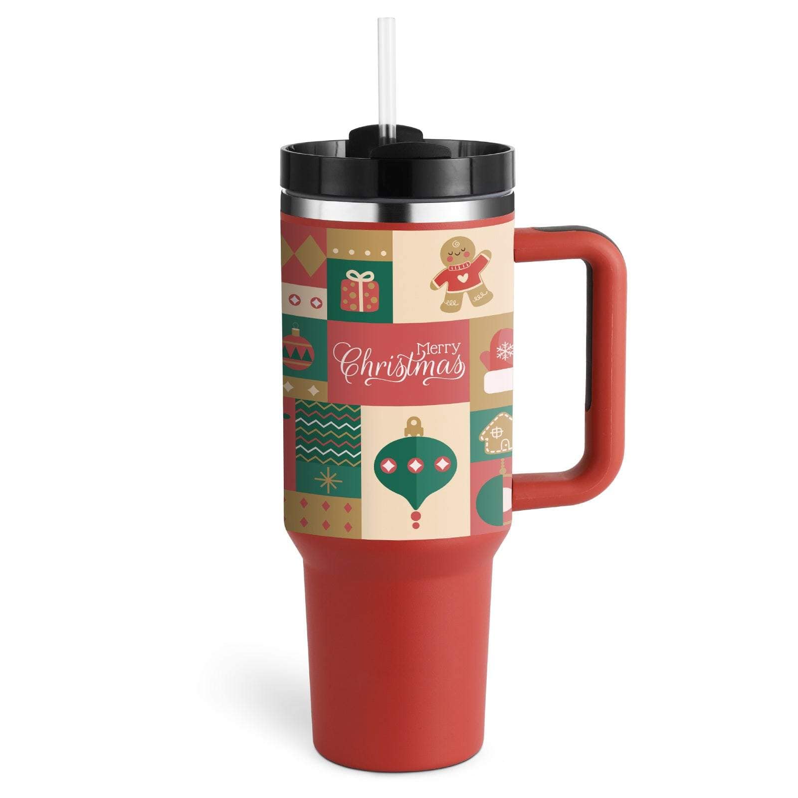 40oz insulated stainless steel tumbler with handle and straw, red Christmas-themed design, spill-proof lid, perfect for hot and cold drinks.