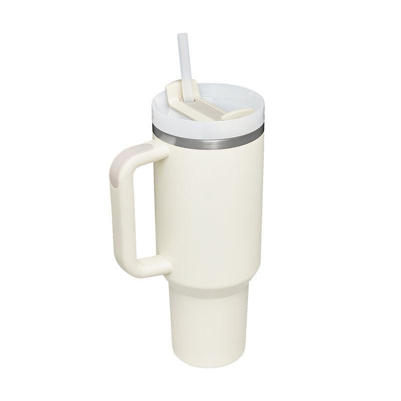 40oz insulated stainless steel tumbler with handle and straw, spill-proof coffee cup with lid in white