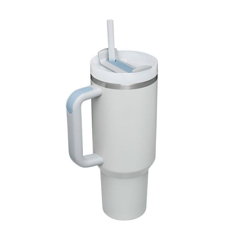 40oz insulated stainless steel tumbler with handle, spill-proof lid, and straw for hot and cold beverages.
