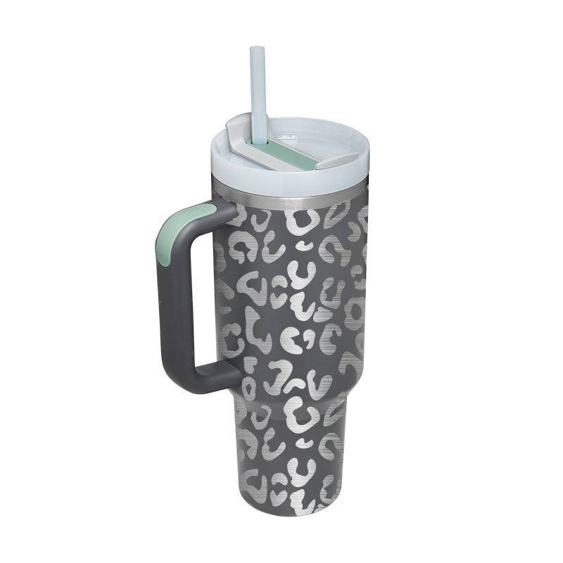 40oz insulated stainless steel tumbler with handle, spill-proof lid, straw, and leopard print design
