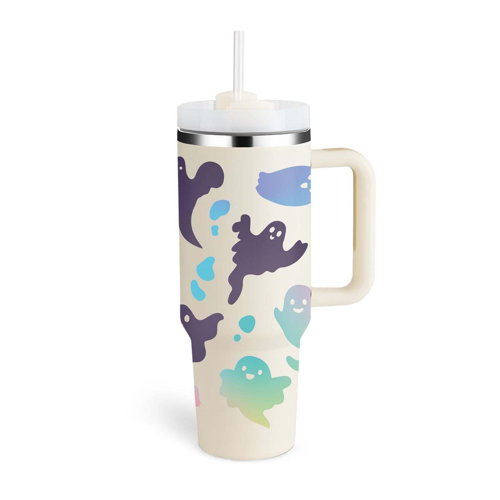 40oz insulated tumbler with handle and straw featuring colorful ghost designs, stainless steel spill-proof vacuum coffee cup with lid for car, gym, office, and travel.