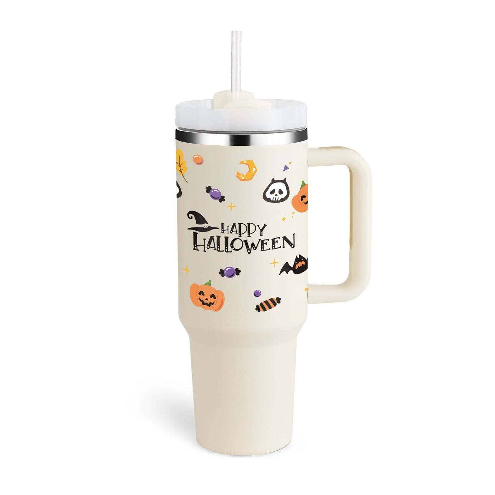 40oz insulated stainless steel tumbler with handle and straw featuring a Halloween design and spill-proof lid