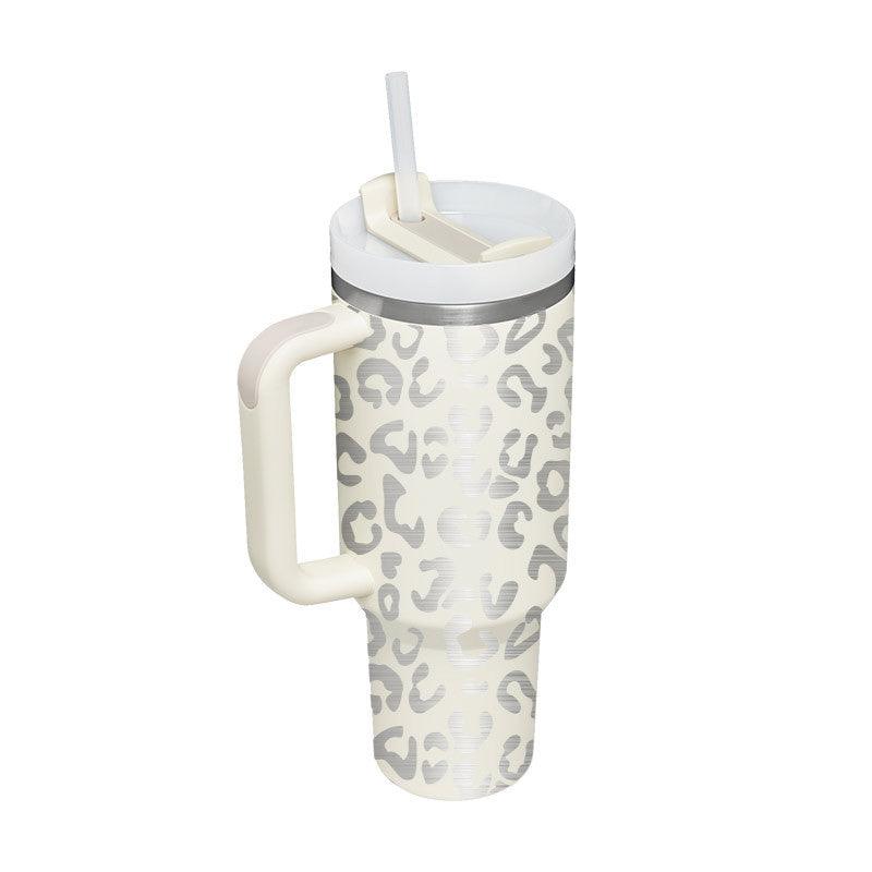 40oz insulated stainless steel tumbler with handle, spill-proof lid, straw, and leopard print design