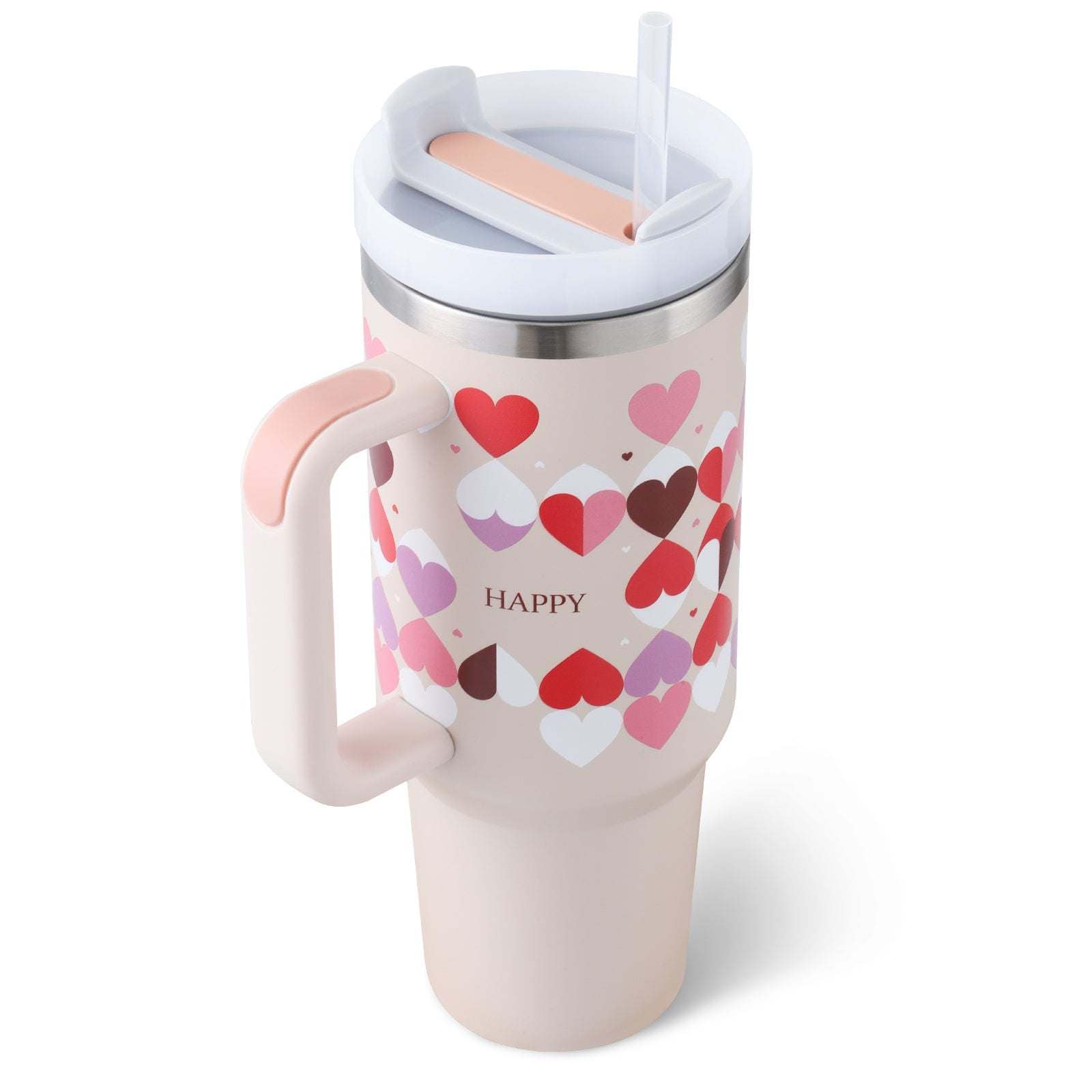 40oz insulated stainless steel tumbler with handle, heart pattern, spill-proof lid, and straw for coffee and travel.