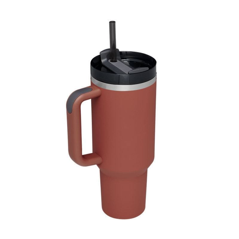 40oz insulated stainless steel tumbler with handle, spill-proof lid, and straw in matte burnt orange color for travel and office use